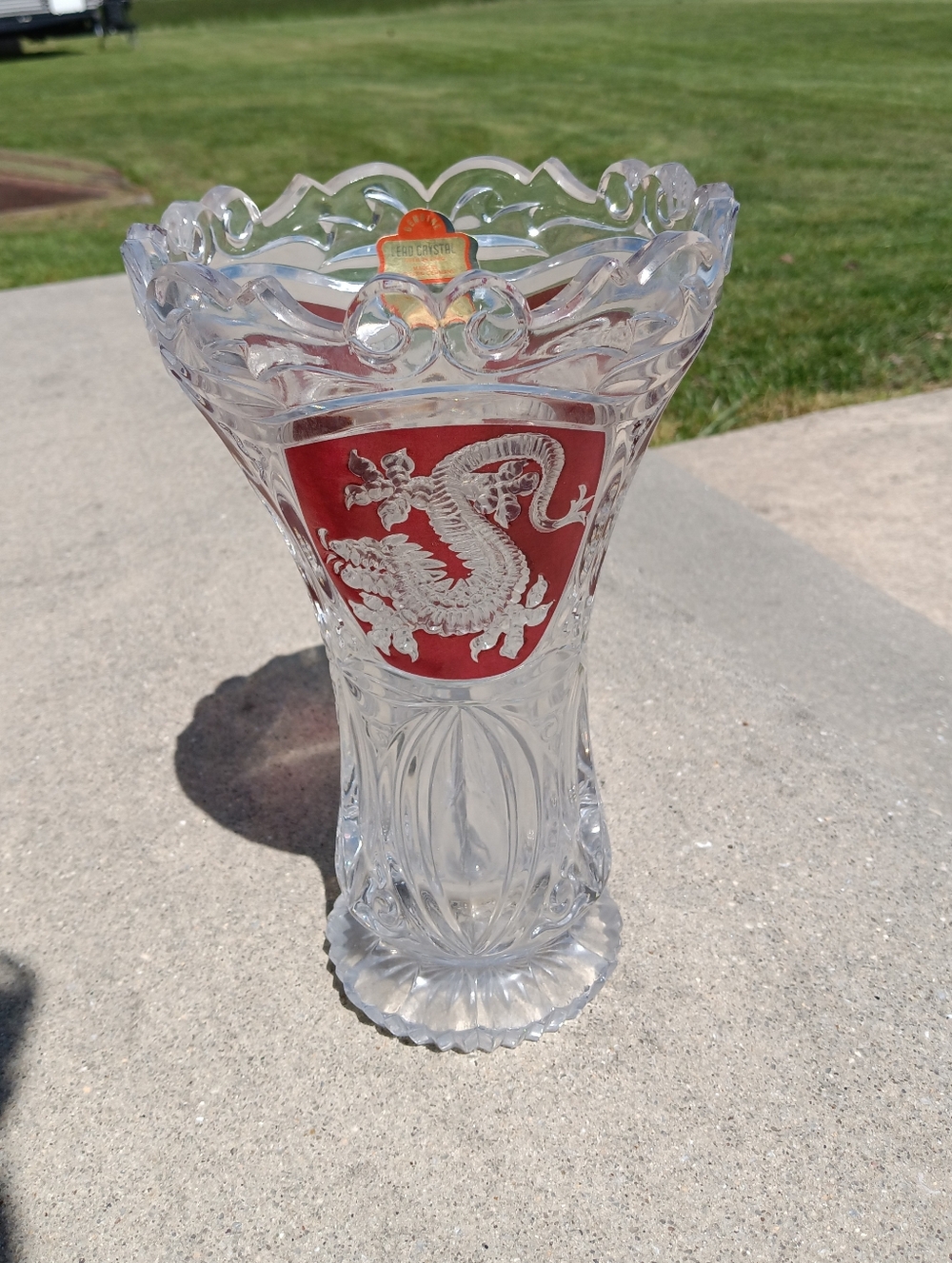 Vintage Lead Crystal Hofbauer Vase Etched Dragon